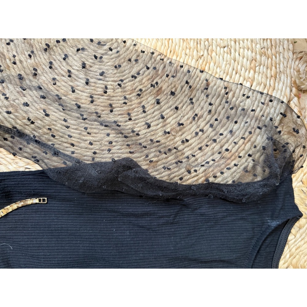 Vestique Black‎ Ribbed Swiss Dot Mesh Puff Sleeve Bodice Bodysuit Small - Picture 4 of 6
